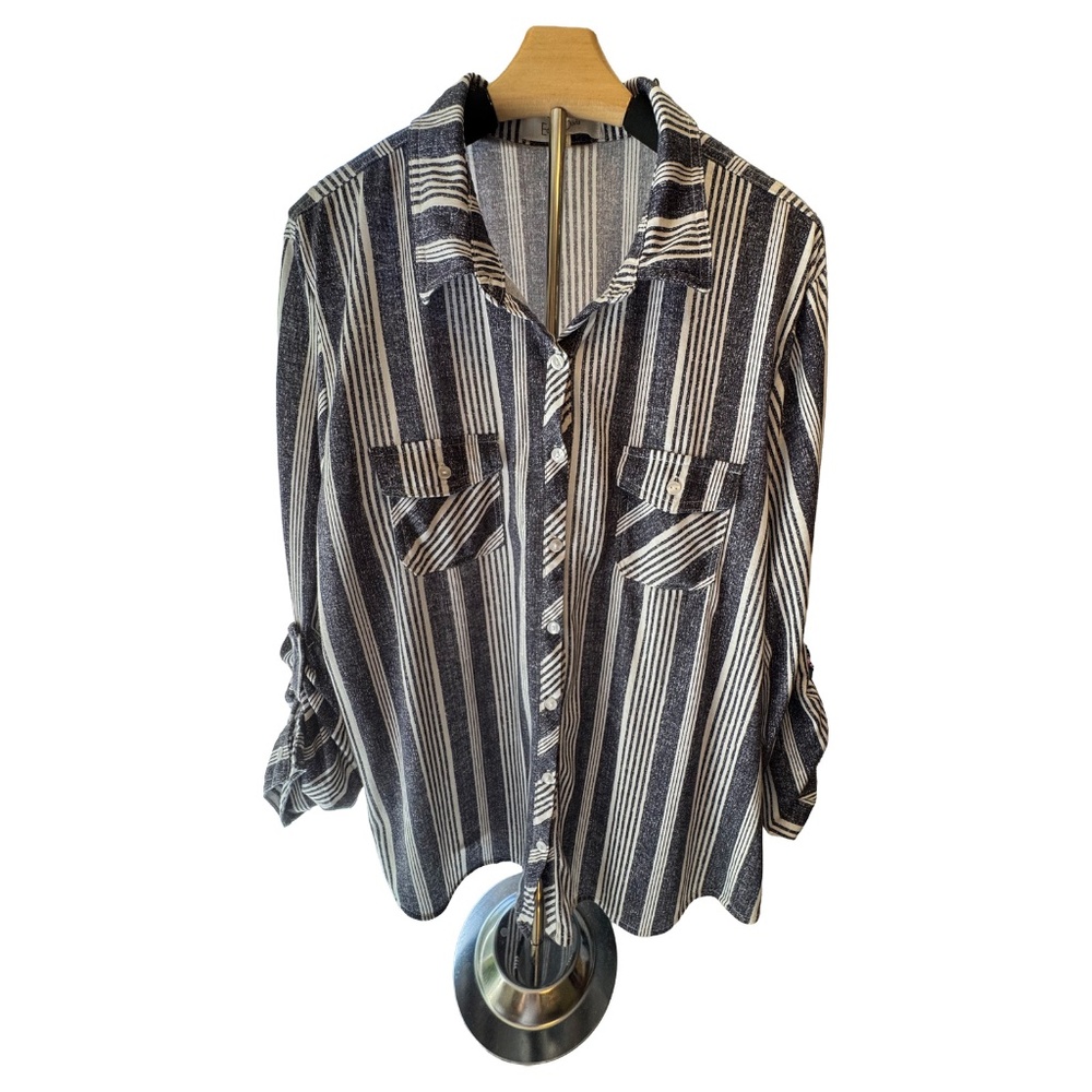 Eden & Olivia Black White Striped Roll Tab Sleeve Button‎ Up Blouse 3X